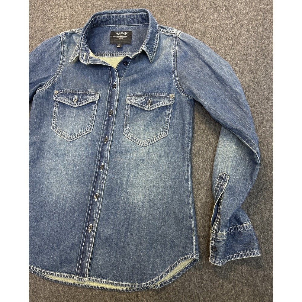 Triumph Motorcycles Denim Button Front Shirt Western Cotton Blue Women's Small - Picture 5 of 15